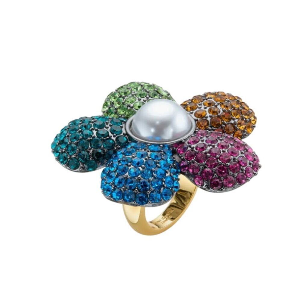 Kurt Geiger London Pavé Crystal & Faux Pearl Flower Cocktail Ring SZ 9
